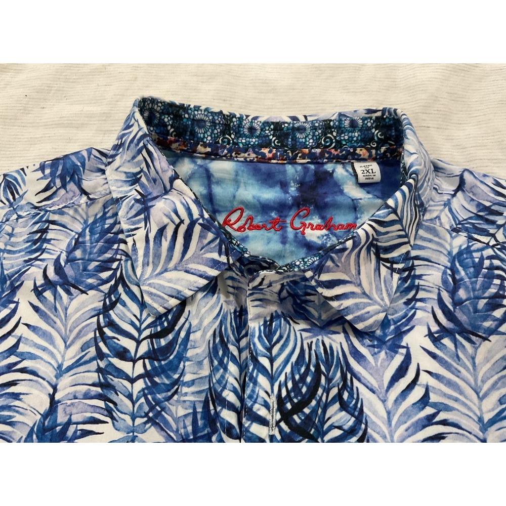 Robert Graham Mens 2XL Classic Fit Blue White Palm Leaf Print Button Down Shirt